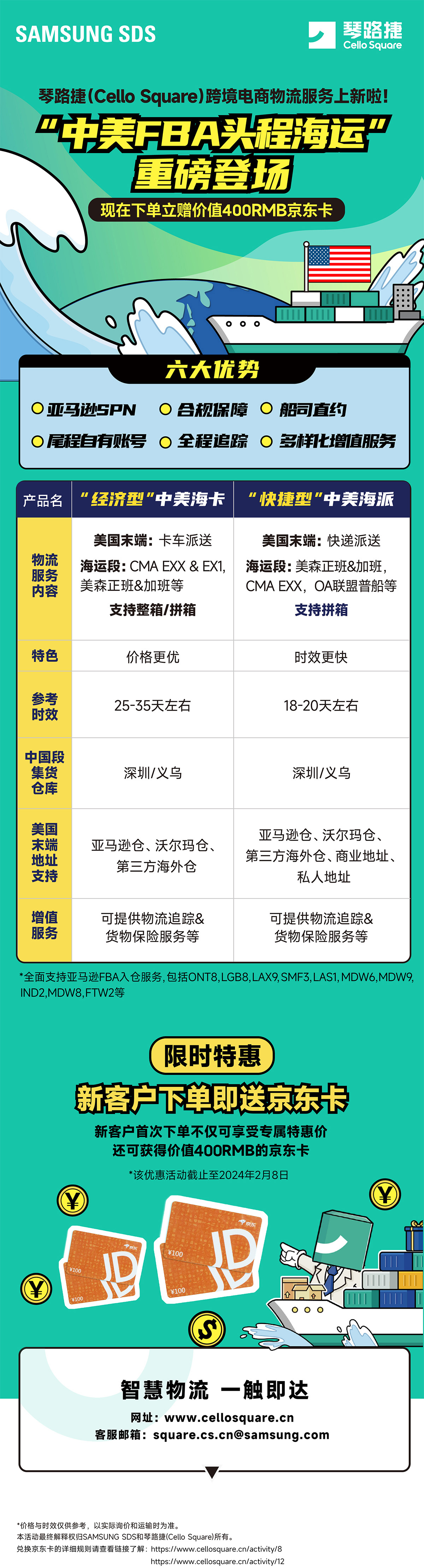 中美FBA头程海运发货即送400元京东卡 中美FBA头程海运发货即送400元京东卡